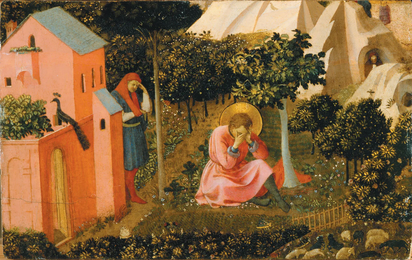 Fra Angelico's Conversion of St. Augustine: a haloed man in a pink robe weeps under a tree in a garden while a companion watches by a pink house.