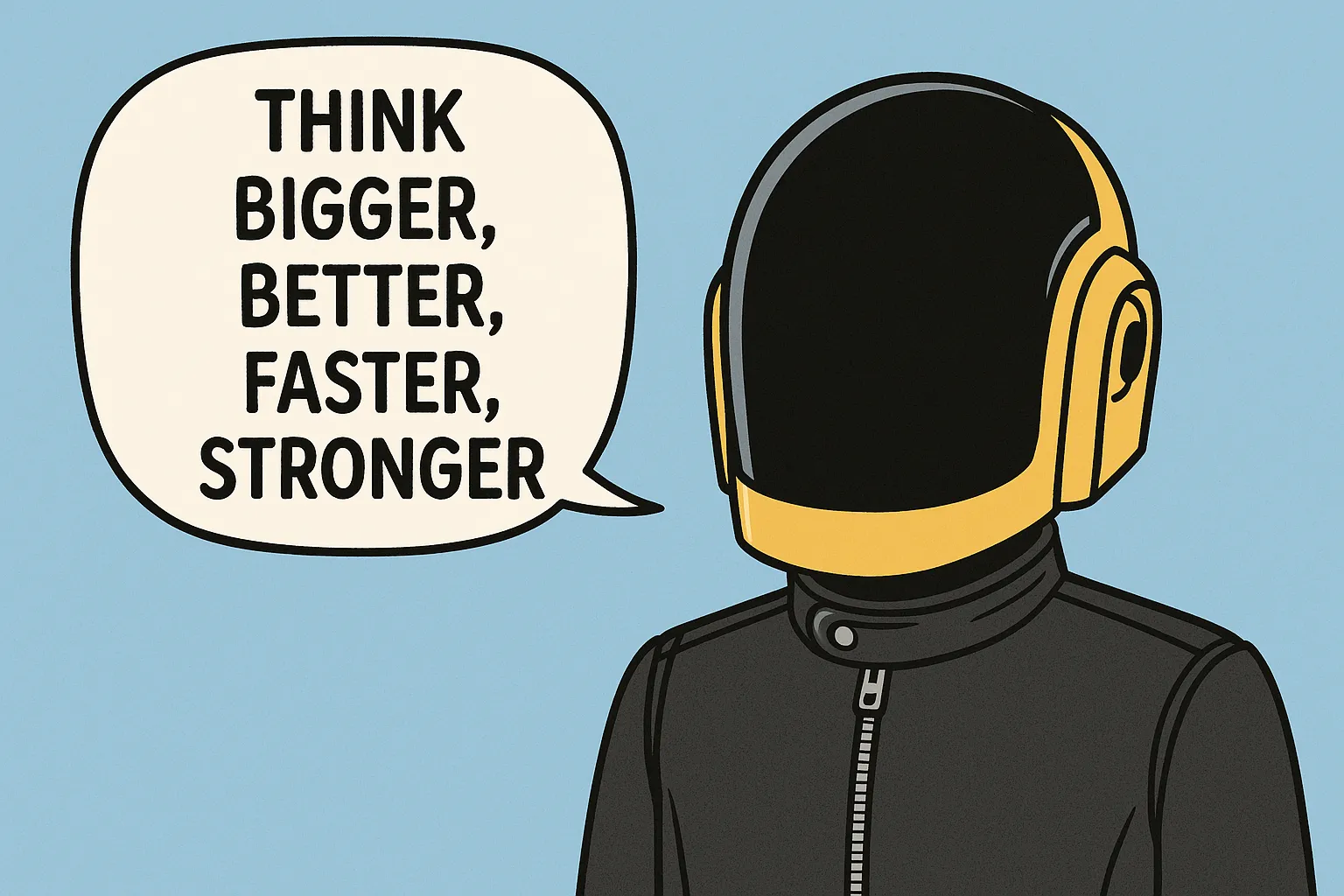 Cartoon figure in a gold and black Daft Punk-style helmet and leather jacket with a speech bubble saying Think bigger, better, faster, stronger.