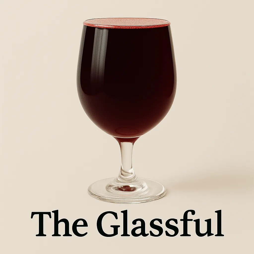 Stemmed glass filled to the very brim with dark red liquid on a cream background, above the words The Glassful.