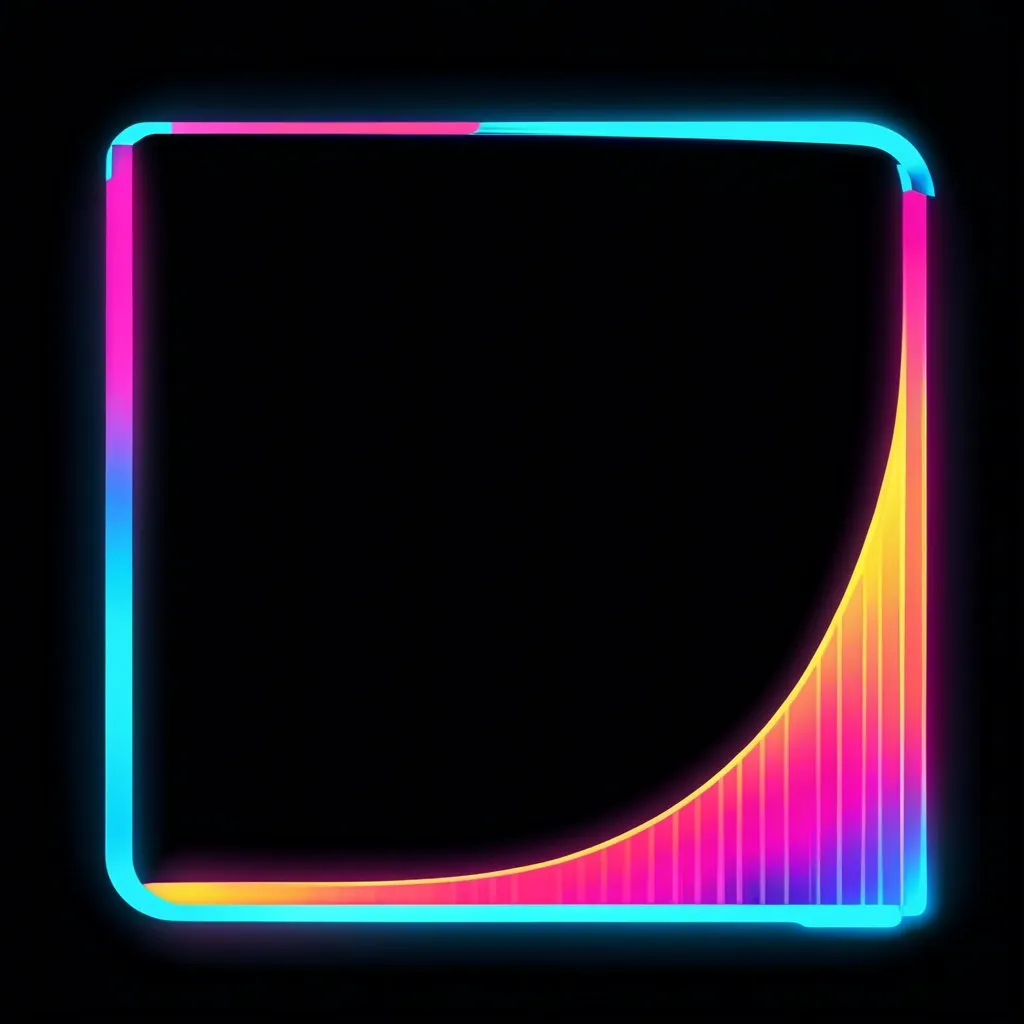 Glowing neon square outline in cyan and magenta on black, with a yellow-to-pink exponential curve sweeping up along its lower right corner.