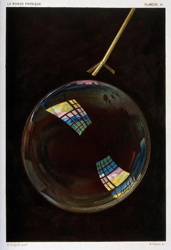 Antique scientific illustration of an iridescent soap bubble hanging from a straw against black, with colorful window reflections on its surface.