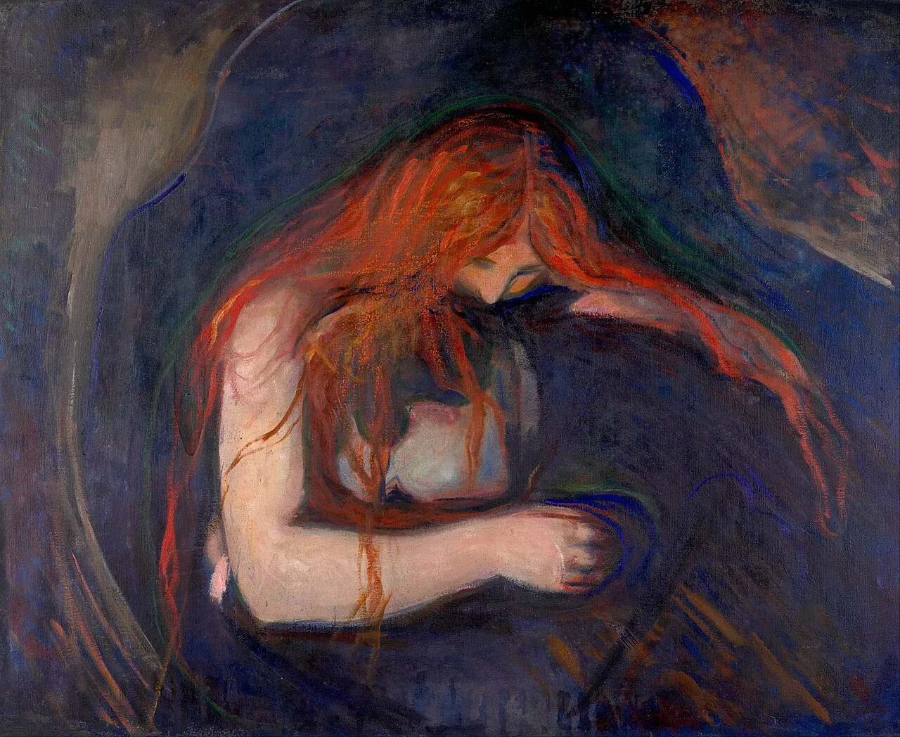 Edvard Munch's painting Vampire: a woman with long red hair bends over a man, her face pressed to his neck as he rests in her embrace.